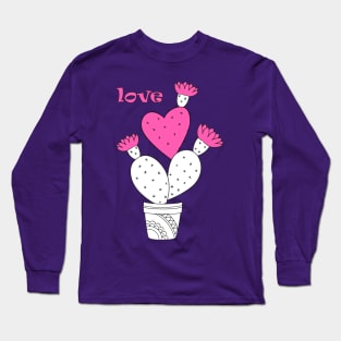 cartoon cactus with pink heart and love Long Sleeve T-Shirt